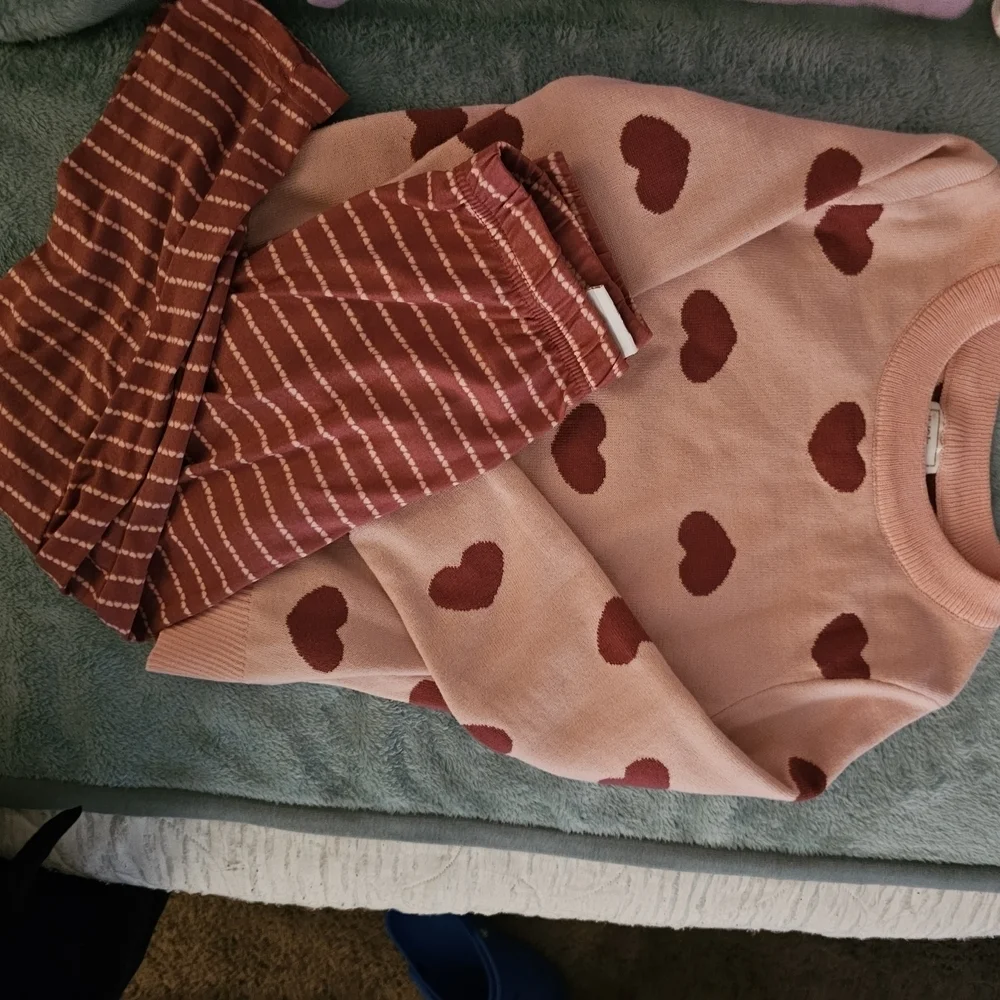 Just Lizzy Pink Heart Sweater with Pink Heart Striped Leggings